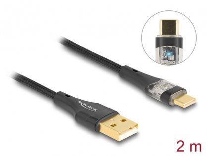 Cablu USB 2.0-A la USB type C T-T Fast Charging 60W 2m brodat Negru, Delock 80761